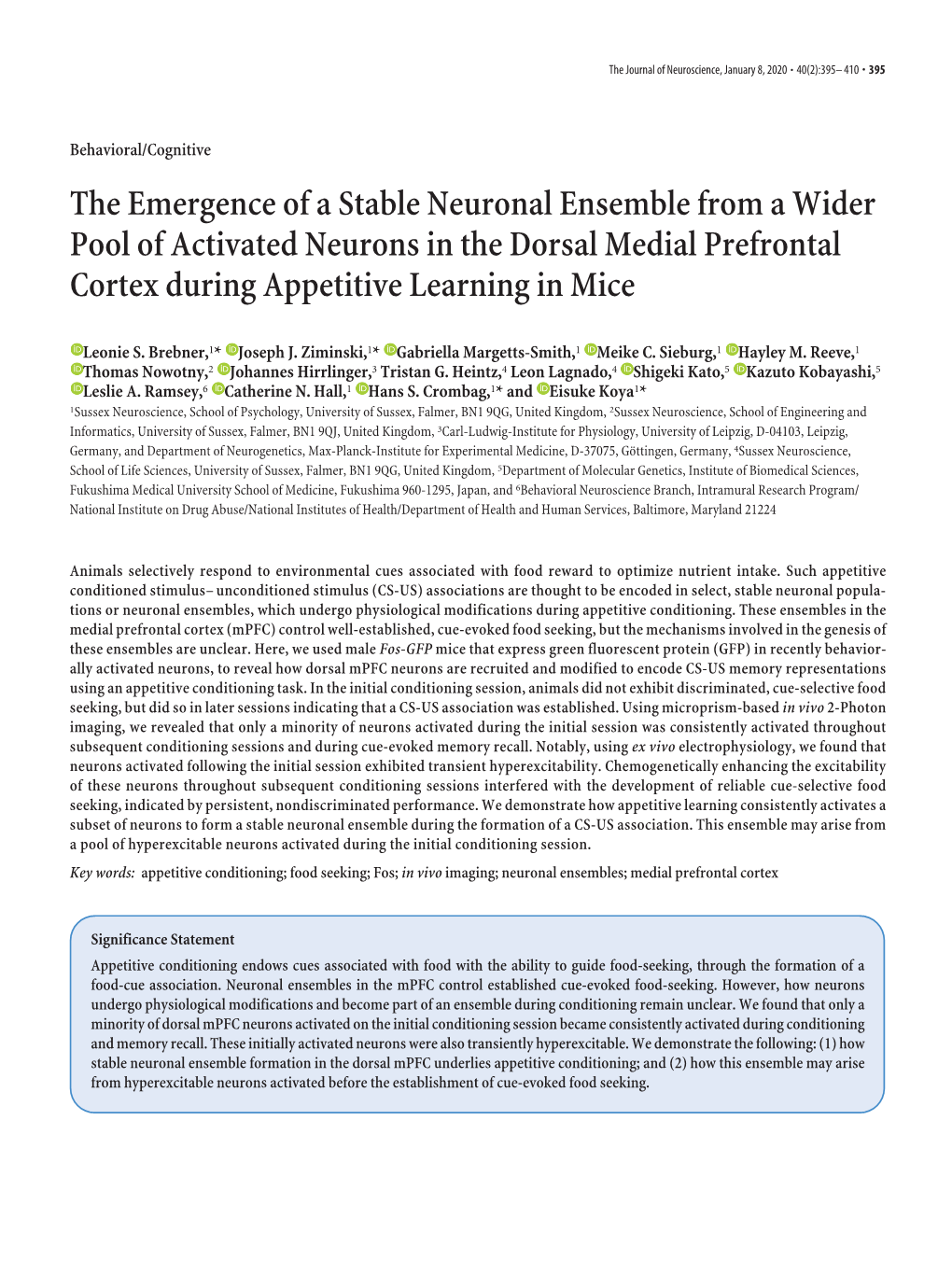 The Emergence of a Stable Neuronal Ensemble from a Wider Pool of Activated Neurons in the Dorsal Medial Prefrontal Cortex During Appetitive Learning in Mice