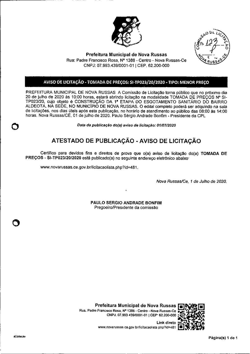 Atestado De Publicação - Aviso De Licitação