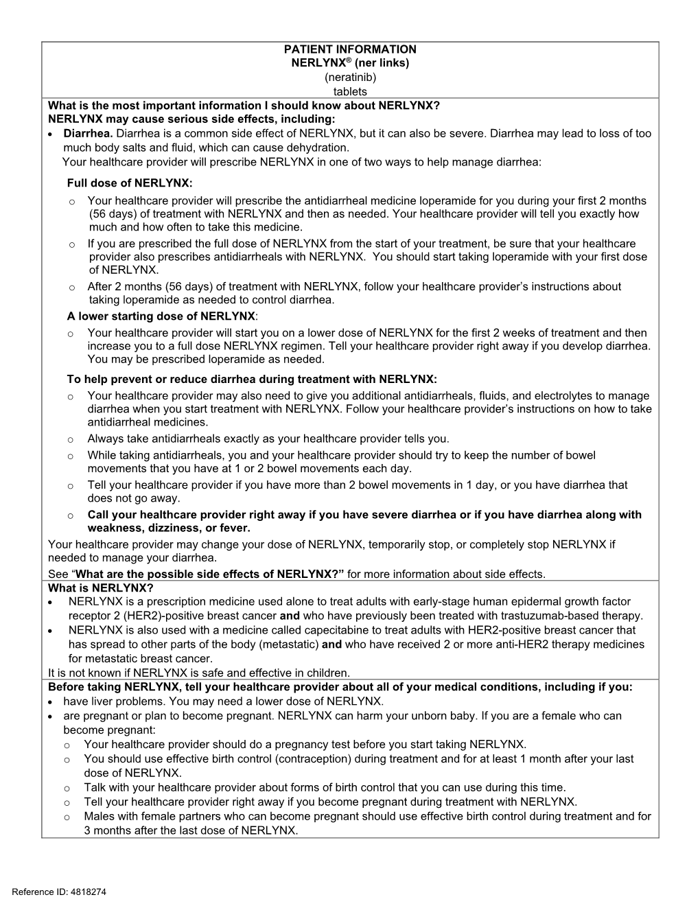 PATIENT INFORMATION NERLYNX® (Ner Links) (Neratinib) Tablets What Is