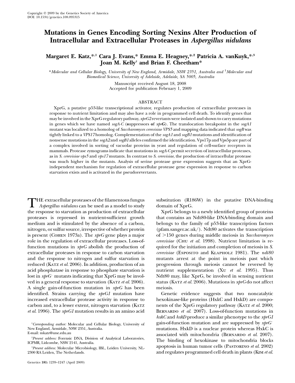 Mutations in Genes Encoding Sorting Nexins Alter Production of Intracellular and Extracellular Proteases in Aspergillus Nidulans