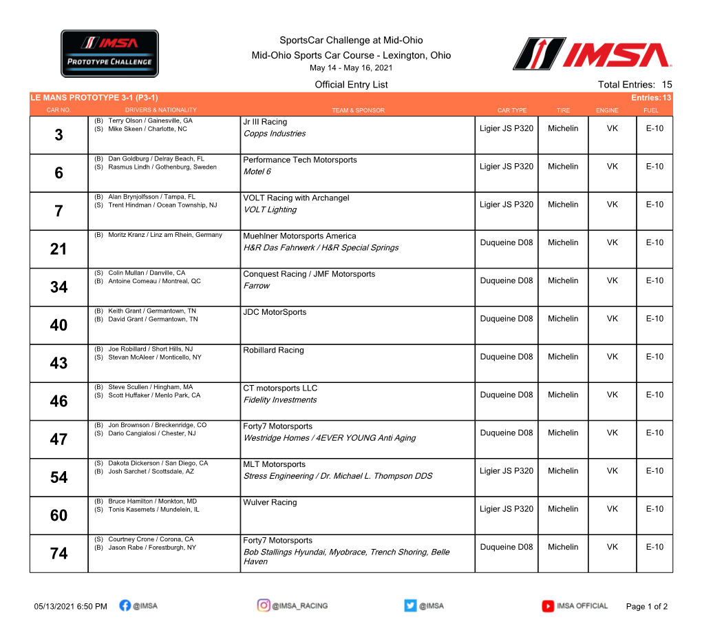 Lexington, Ohio Official Entry List 15 Total Entries