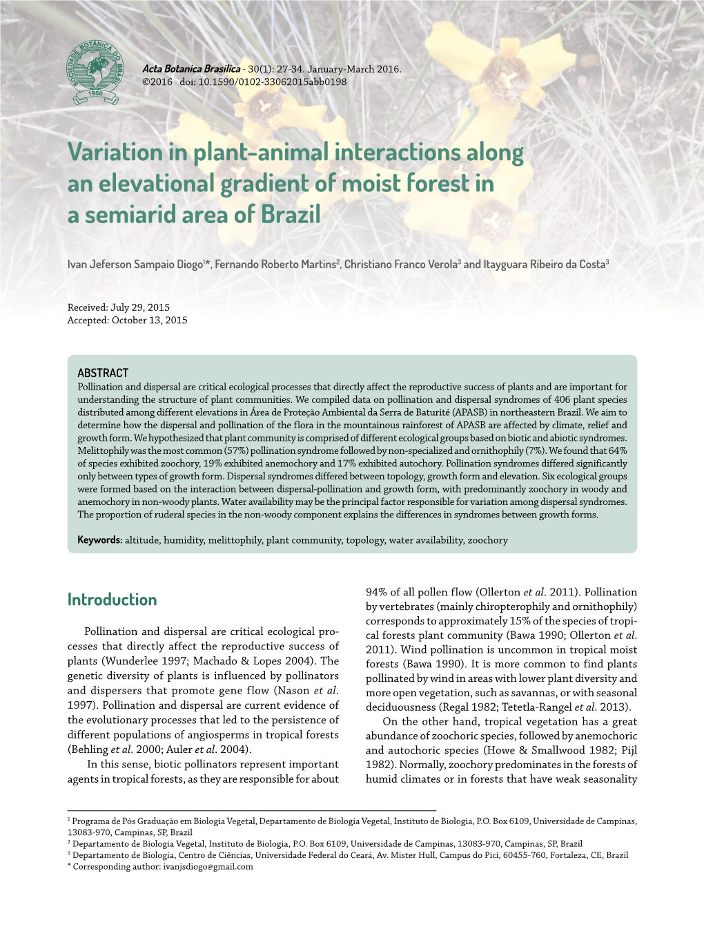 Variation in Plant-Animal Interactions Along an Elevational Gradient of Moist Forest in a Semiarid Area of Brazil