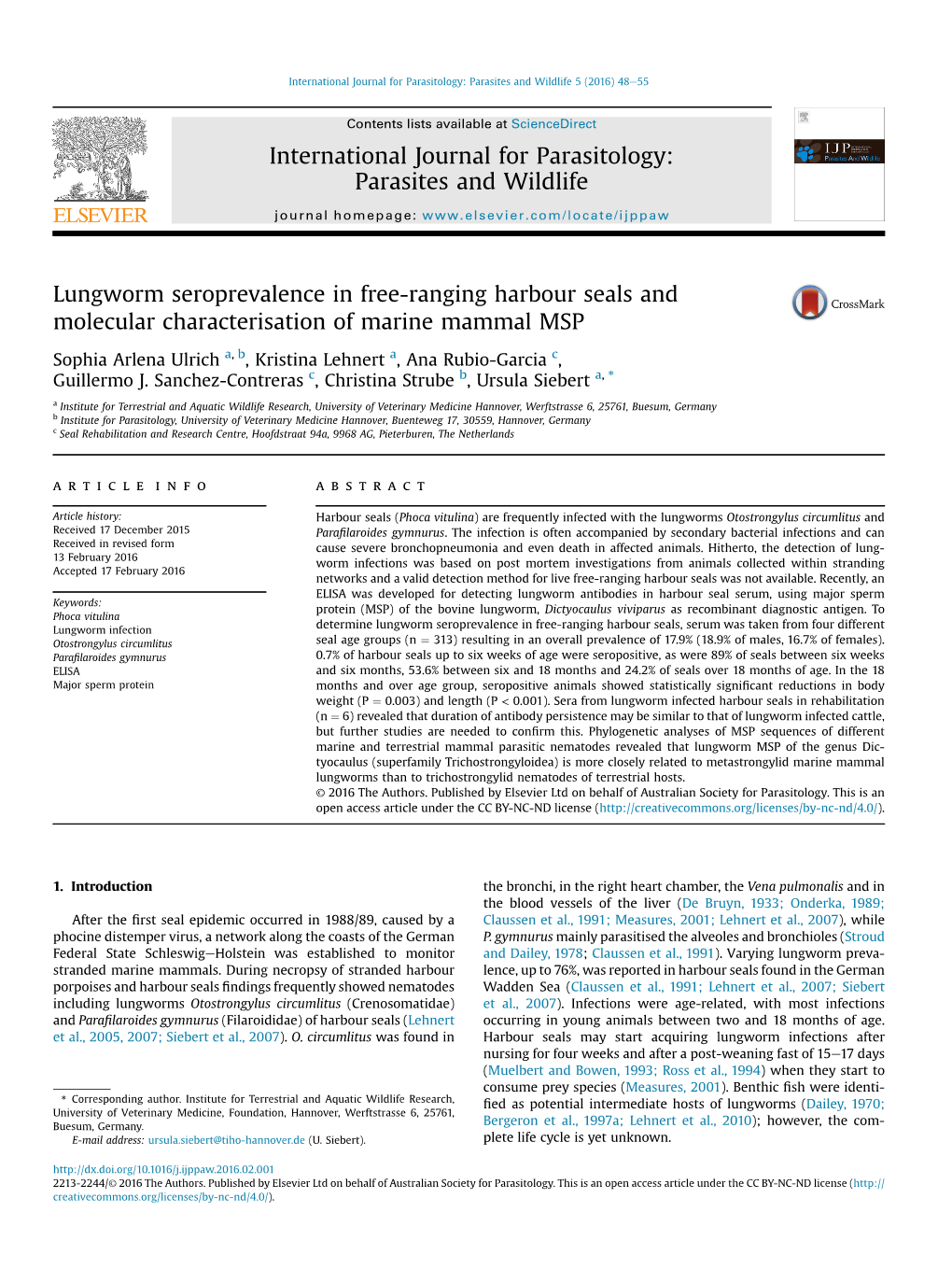 Lungworm Seroprevalence in Free-Ranging Harbour Seals and Molecular Characterisation of Marine Mammal MSP