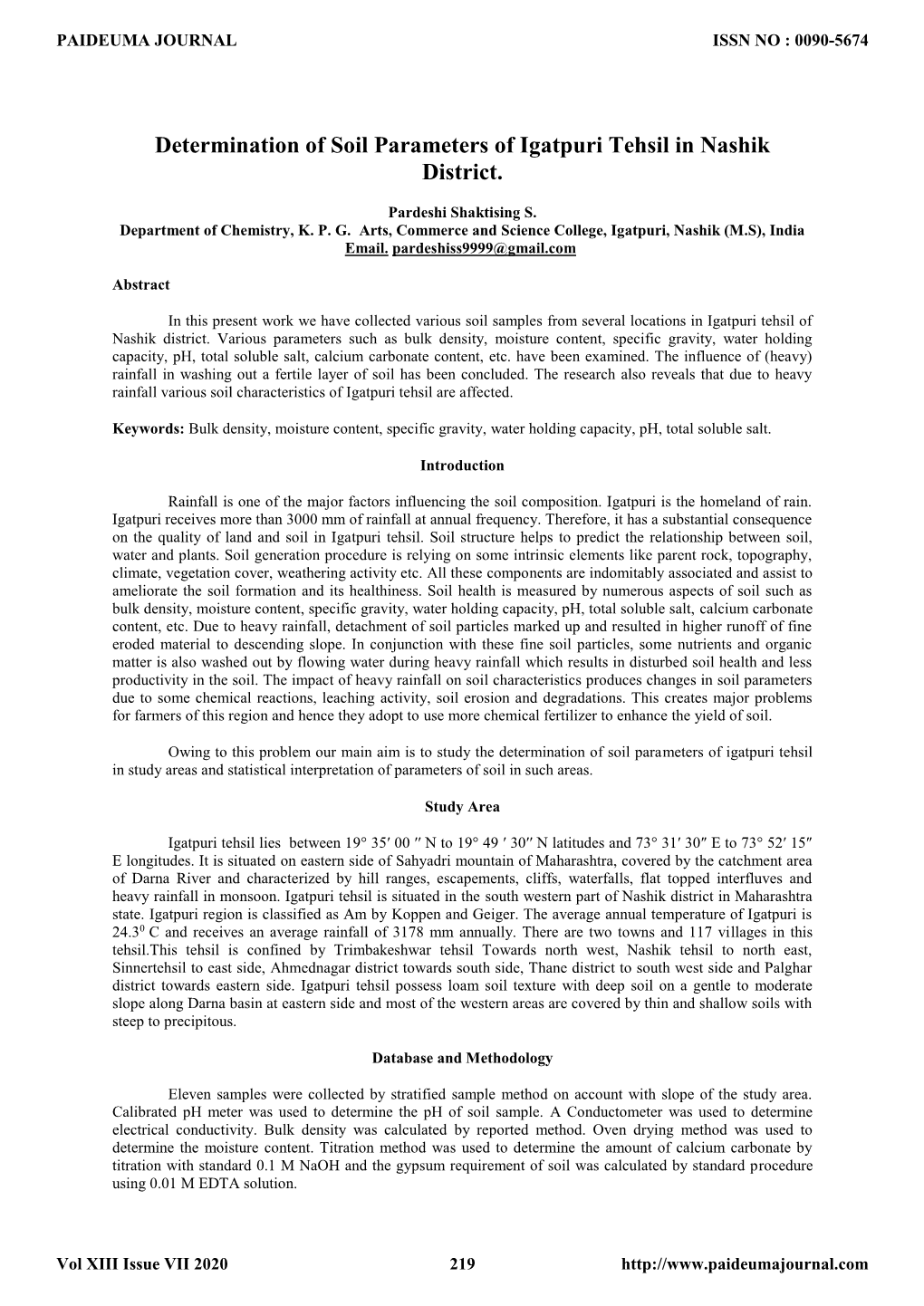 Determination of Soil Parameters of Igatpuri Tehsil in Nashik District