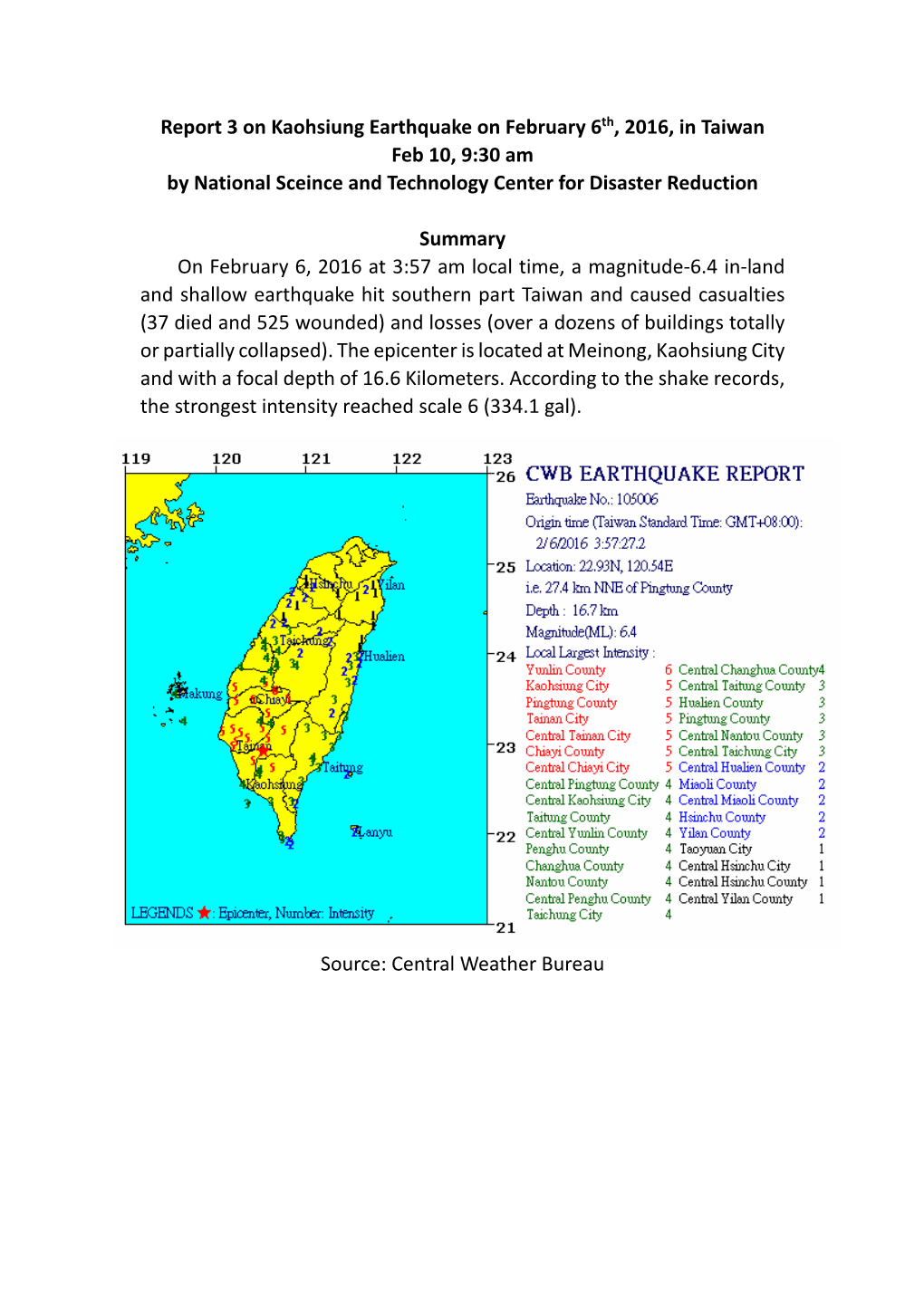 Report 3 on Kaohsiung Earthquake on February 6Th, 2016, in Taiwan Feb 10, 9:30 Am by National Sceince and Technology Center for Disaster Reduction