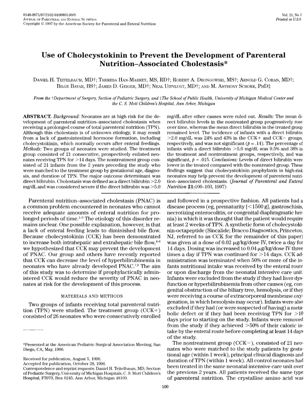 Use of Cholecystokinin to Prevent the Development of Parenteral Nutrition-Associated Cholestasis*