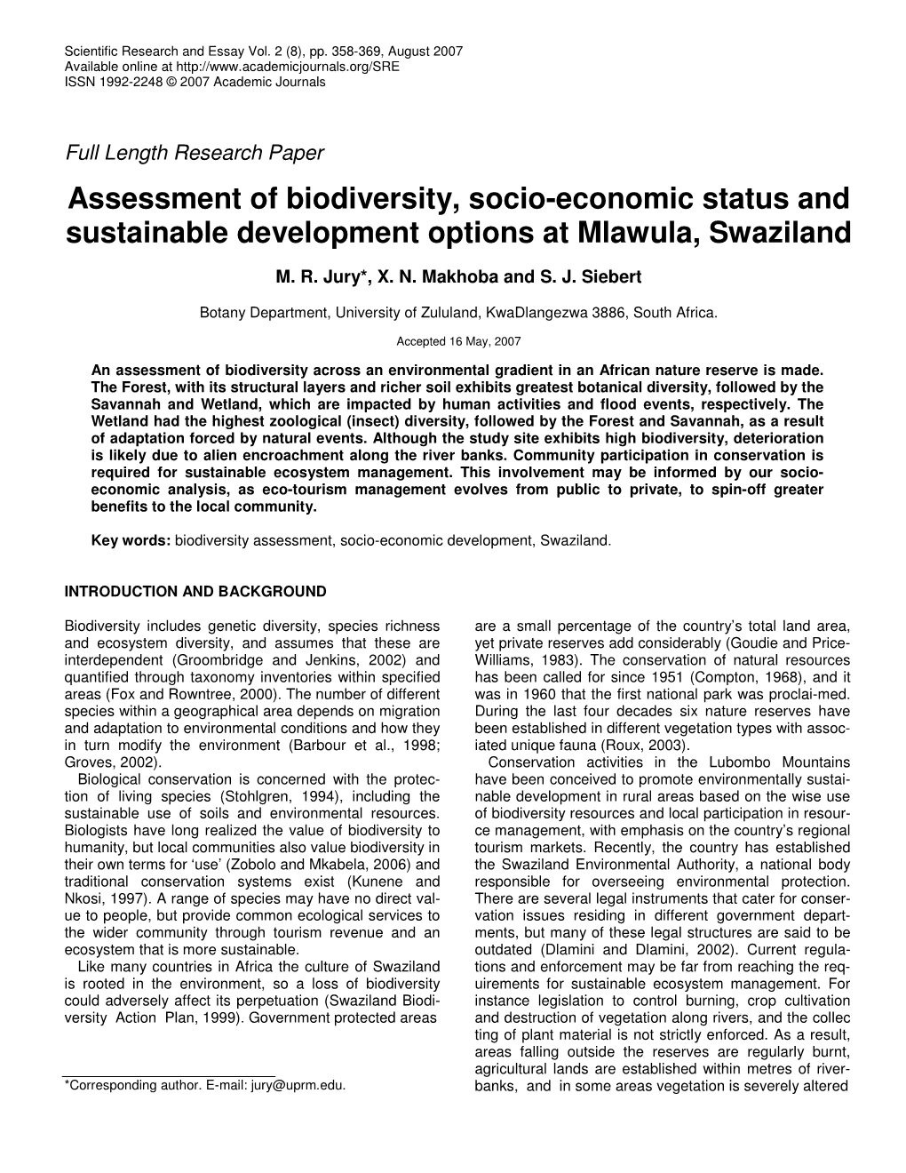 Assessment of Biodiversity, Socio-Economic Status and Sustainable Development Options at Mlawula, Swaziland