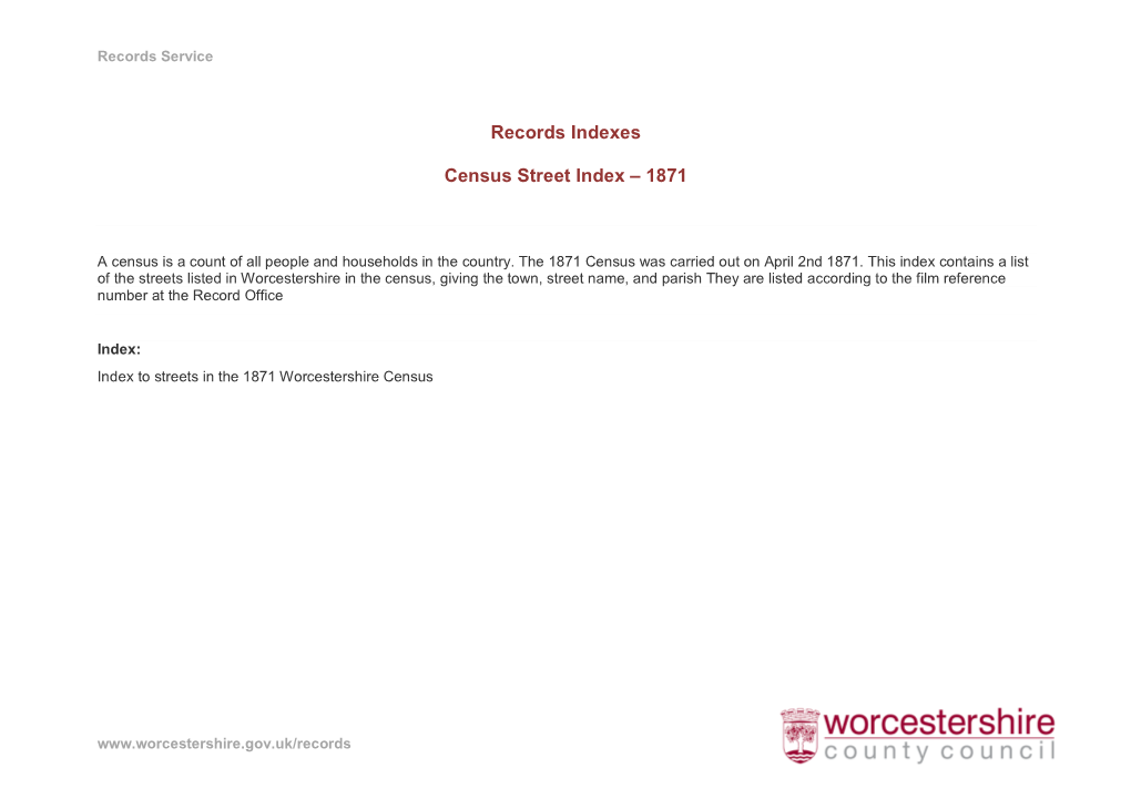 Index to Streets in the 1871 Worcestershire Census.Xlsx