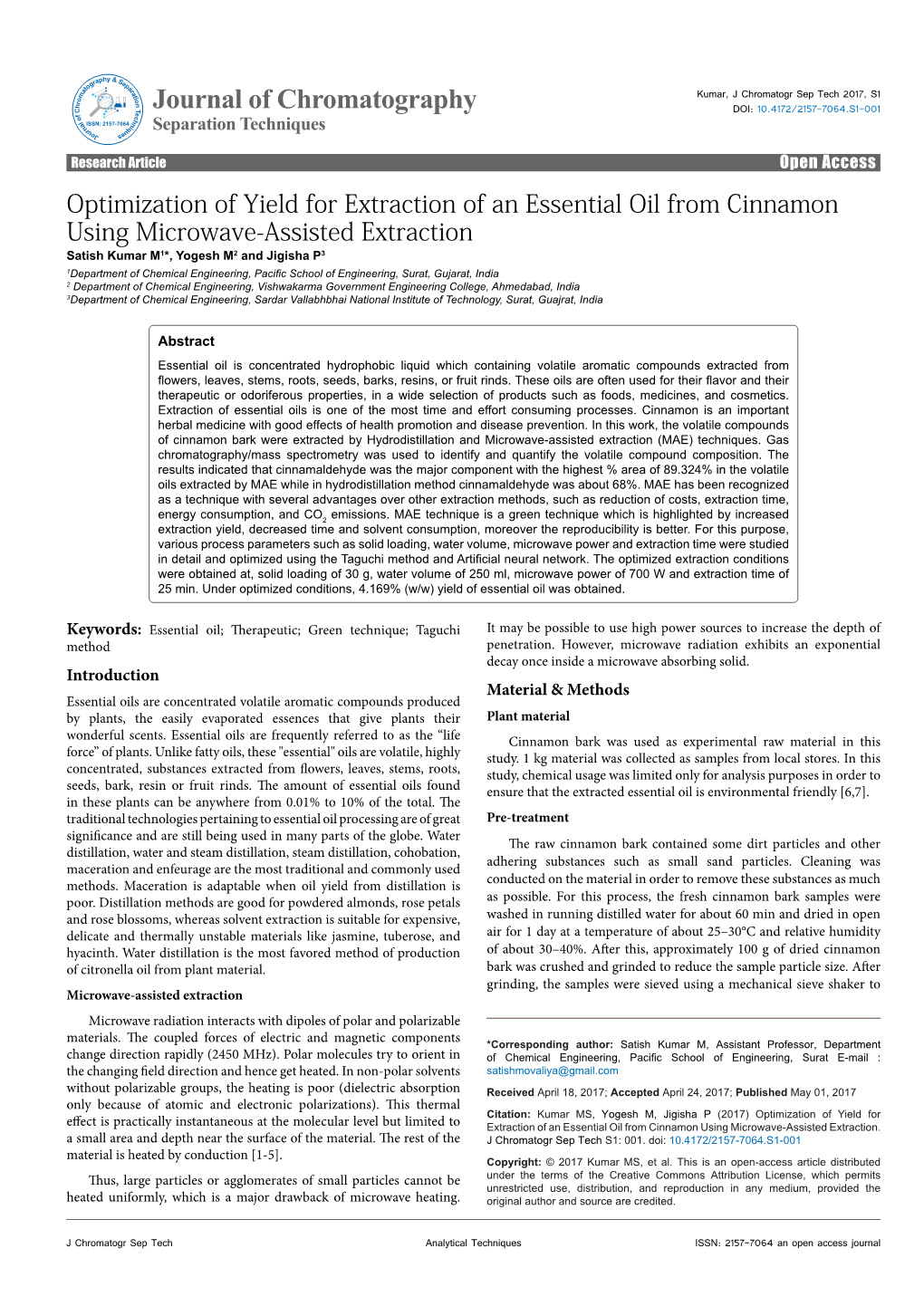 Optimization of Yield for Extraction of an Essential Oil from Cinnamon