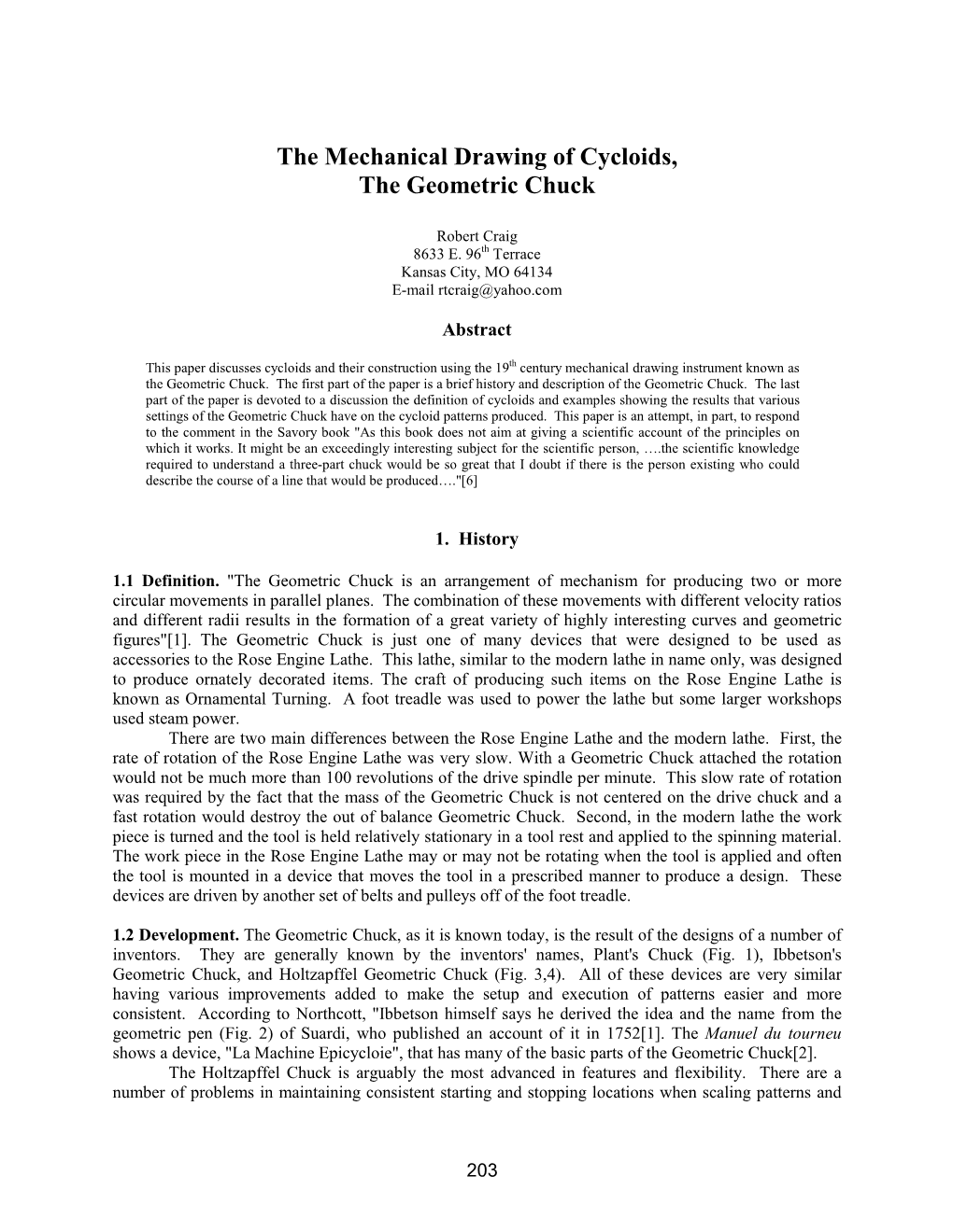 The Mechanical Drawing of Cycloids, the Geometric Chuck