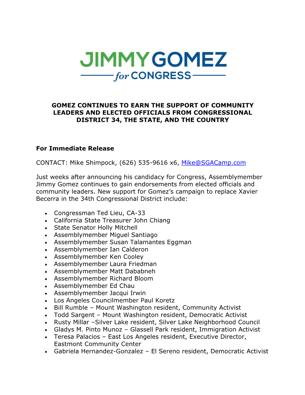 Gomez Continues to Earn the Support of Community Leaders and Elected Officials from Congressional District 34, the State, and the Country