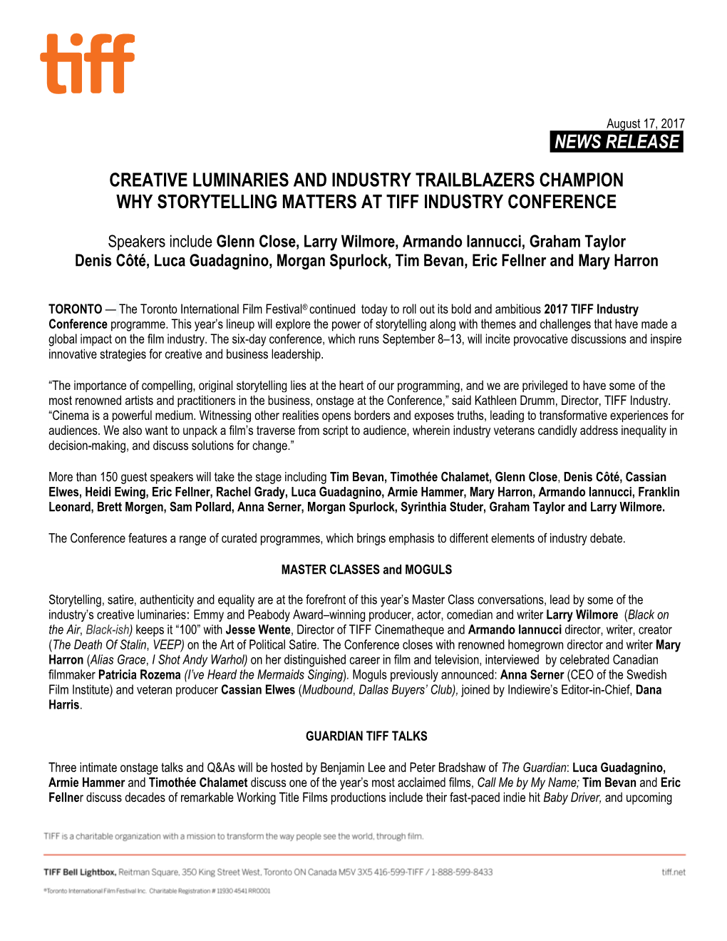 News Release. Creative Luminaries and Industry