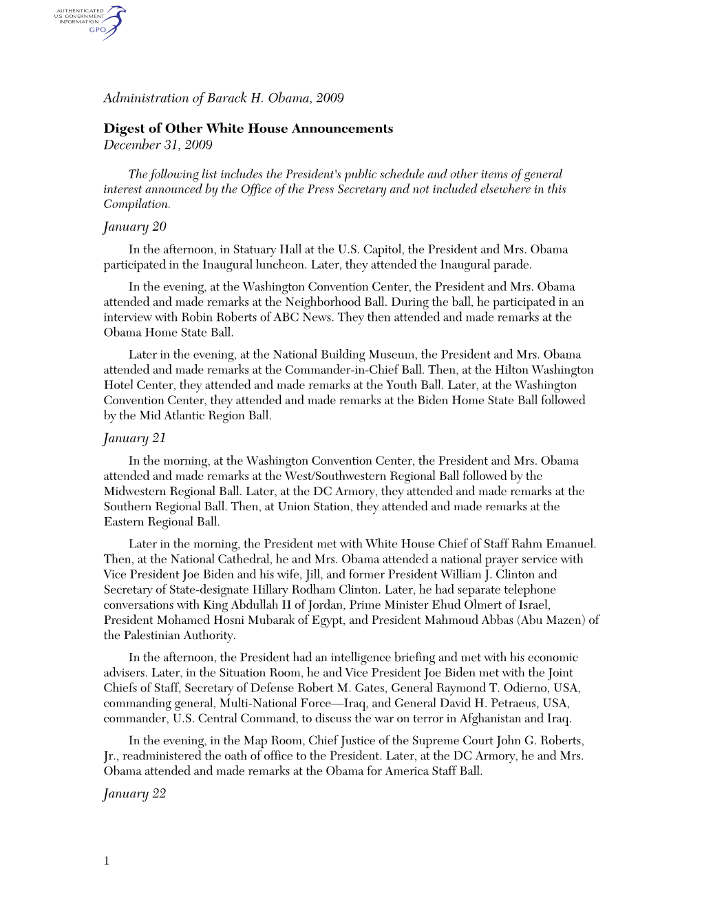 Administration of Barack H. Obama, 2009 Digest of Other White House Announcements December 31, 2009 January 20 January 21 Januar