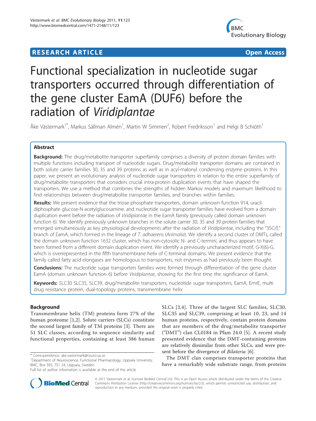 Functional Specialization in Nucleotide Sugar Transporters Occurred Through Differentiation of the Gene Cluster Eama