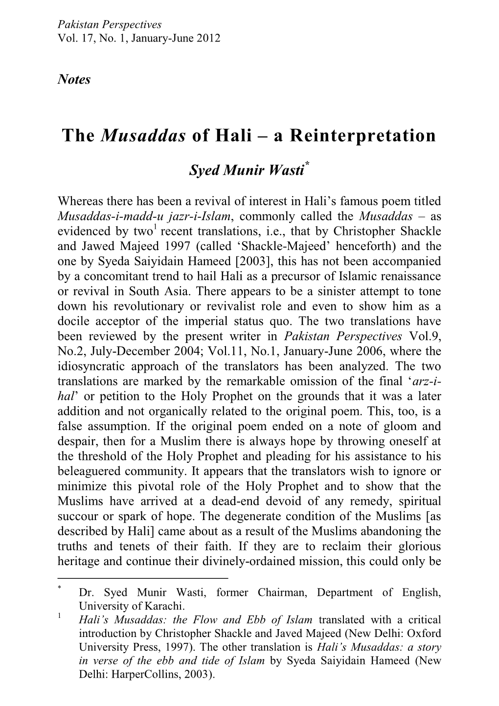 The Musaddas of Hali – a Reinterpretation