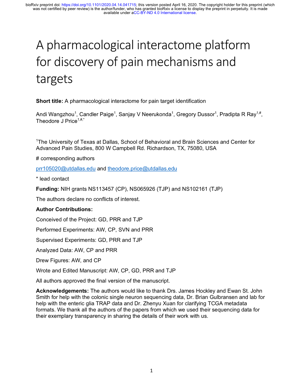 A Pharmacological Interactome Platform for Discovery of Pain Mechanisms and Targets