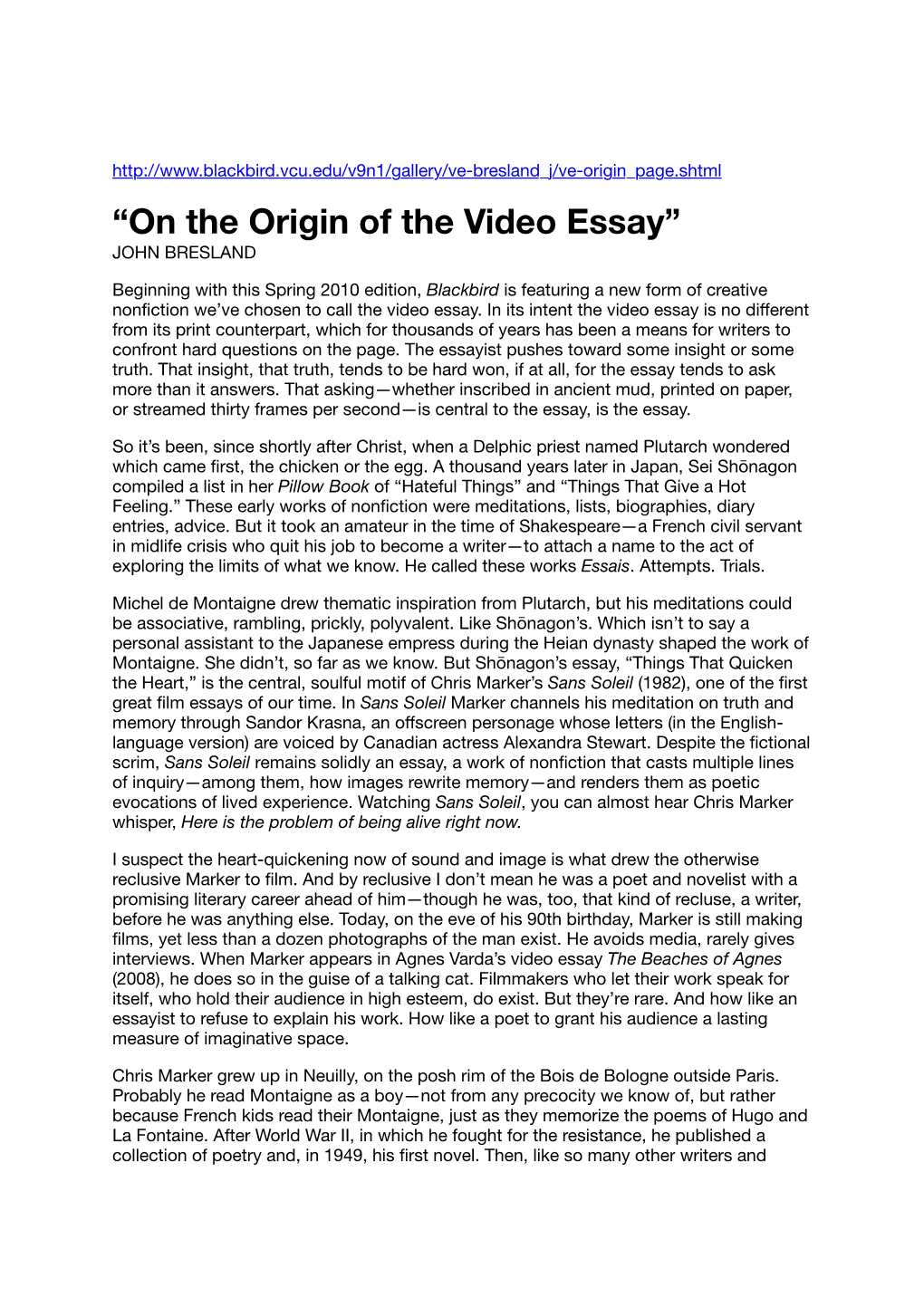 “On the Origin of the Video Essay” JOHN BRESLAND