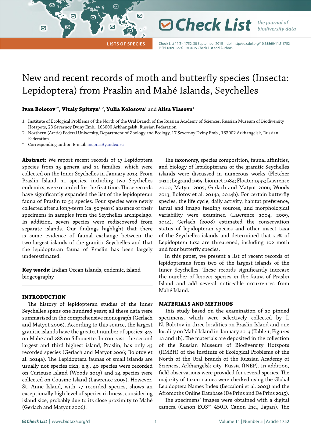 Check List Lists of Species Check List 11(5): 1752, 30 September 2015 Doi: ISSN 1809-127X © 2015 Check List and Authors