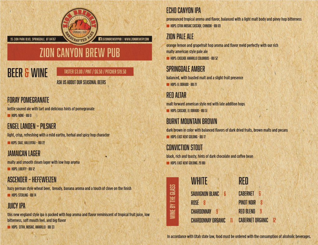 ZION CANYON BREW PUB Beer &Wine