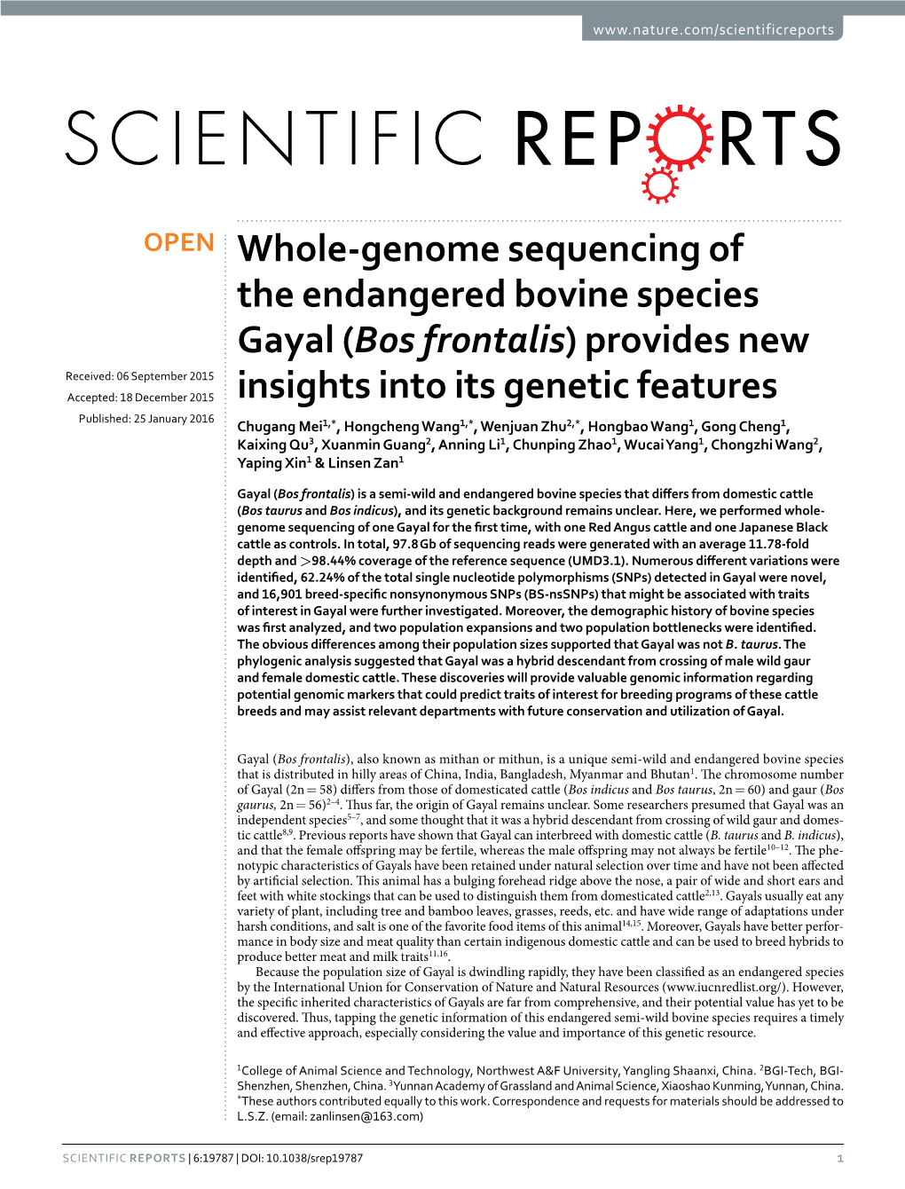 Whole-Genome Sequencing of the Endangered Bovine Species Gayal