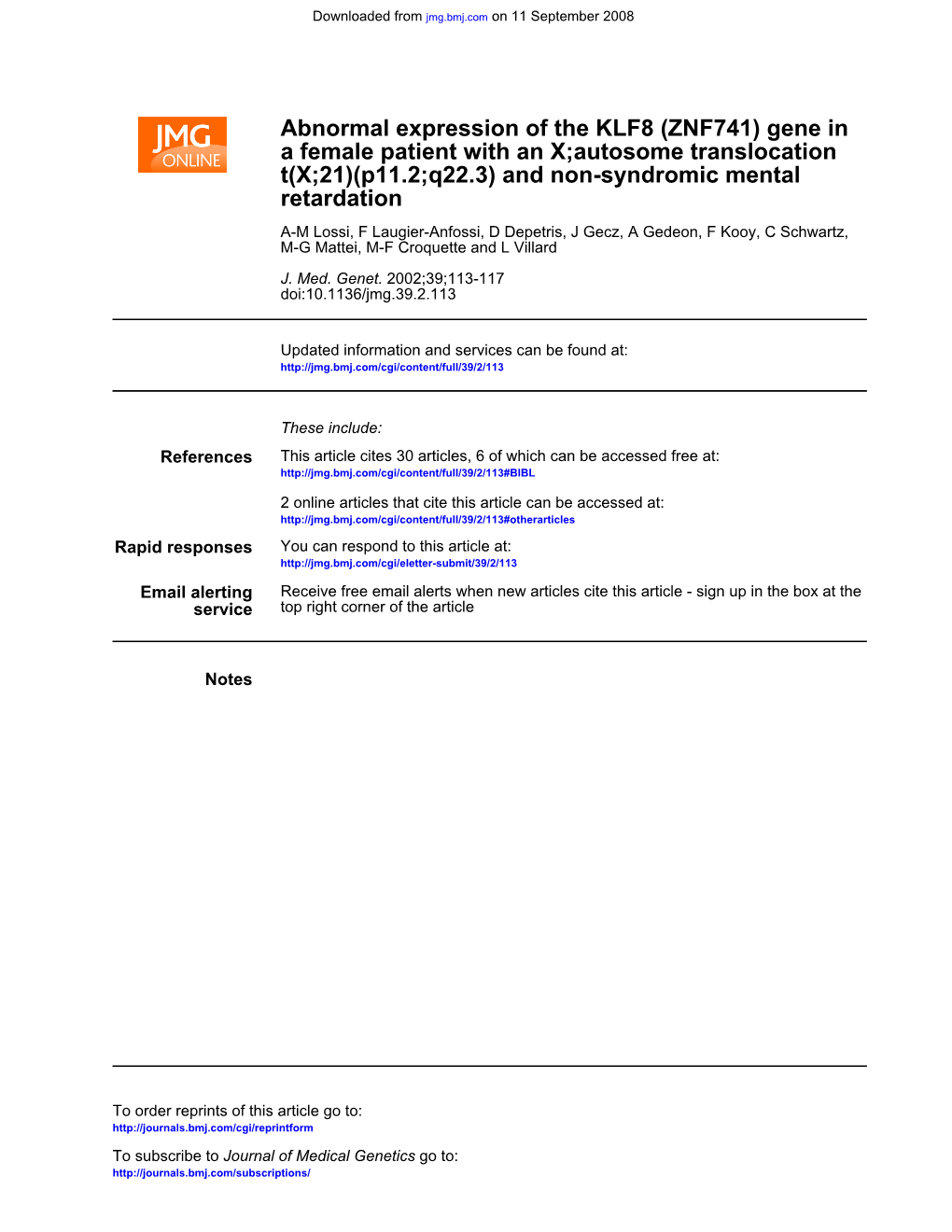 Retardation T(X;21)(P11.2;Q22.3) and Non-Syndromic Mental a Female Patient with an X;Autosome Translocation ) Gene in ZNF741