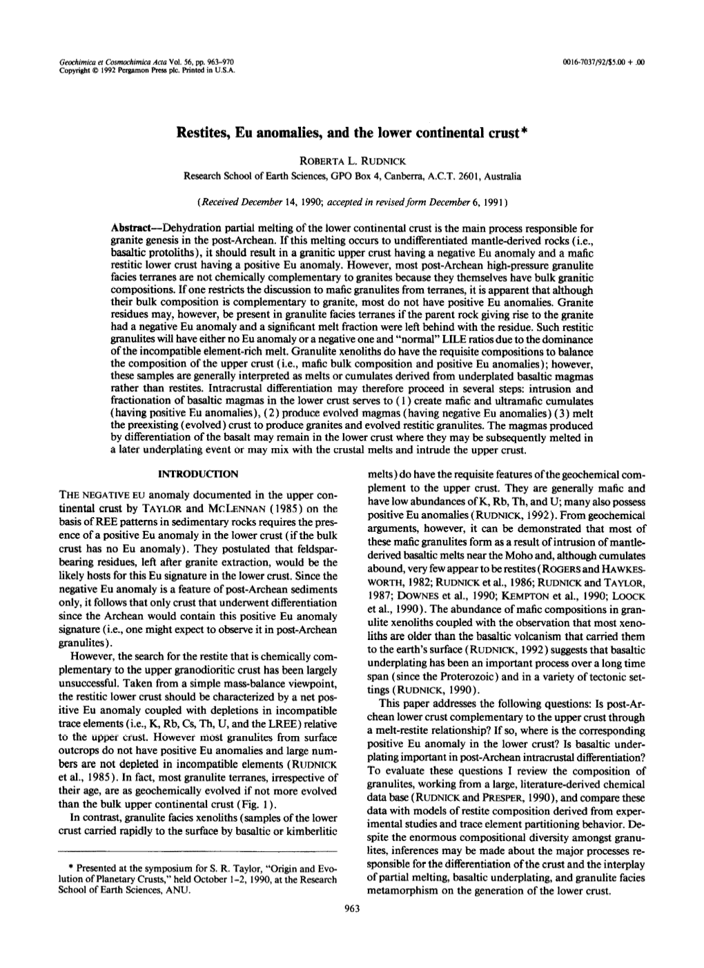 Restites, Eu Anomalies, and the Lower Continental Crust*