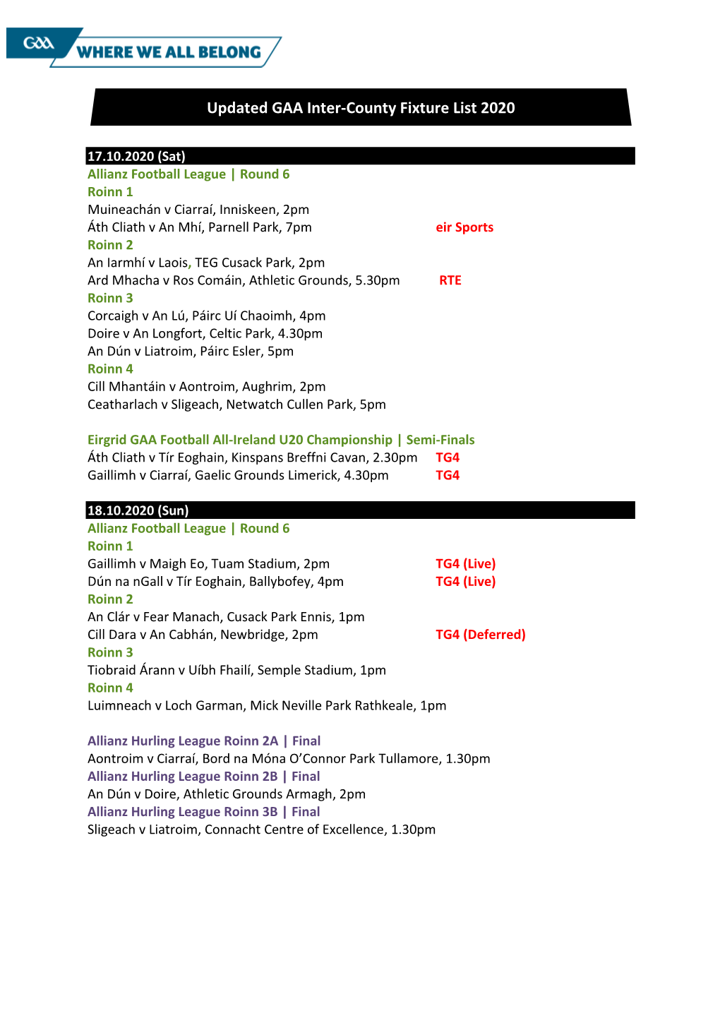 Updated GAA Inter-County Fixture List 2020