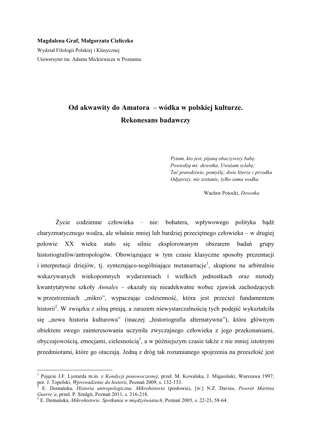 Od Akwawity Do Amatora – Wódka W Polskiej Kulturze. Rekonesans Badawczy