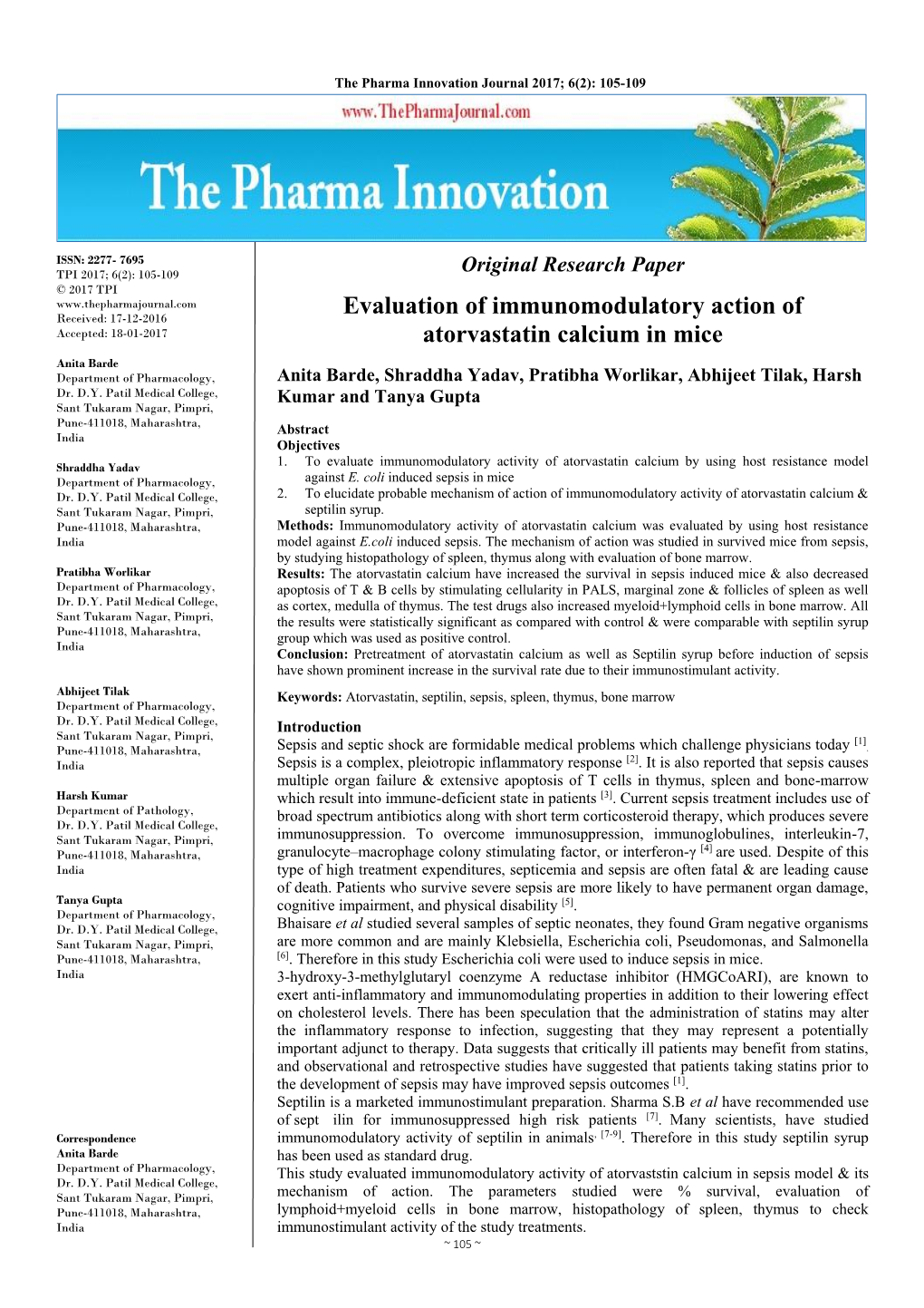 Evaluation of Immunomodulatory Action of Atorvastatin Calcium in Mice