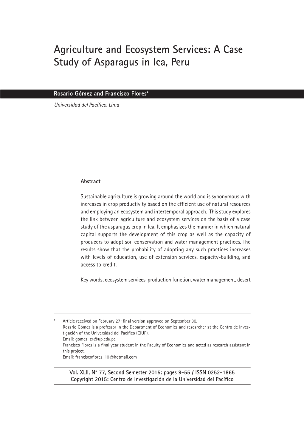 A Case Study of Asparagus in Ica, Peru 9 Agriculture and Ecosystem Services: a Case Study of Asparagus in Ica, Peru