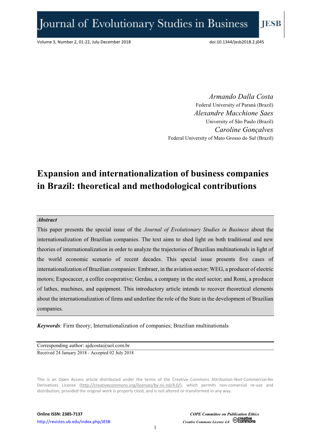 Expansion and Internationalization of Business Companies in Brazil: Theoretical and Methodological Contributions