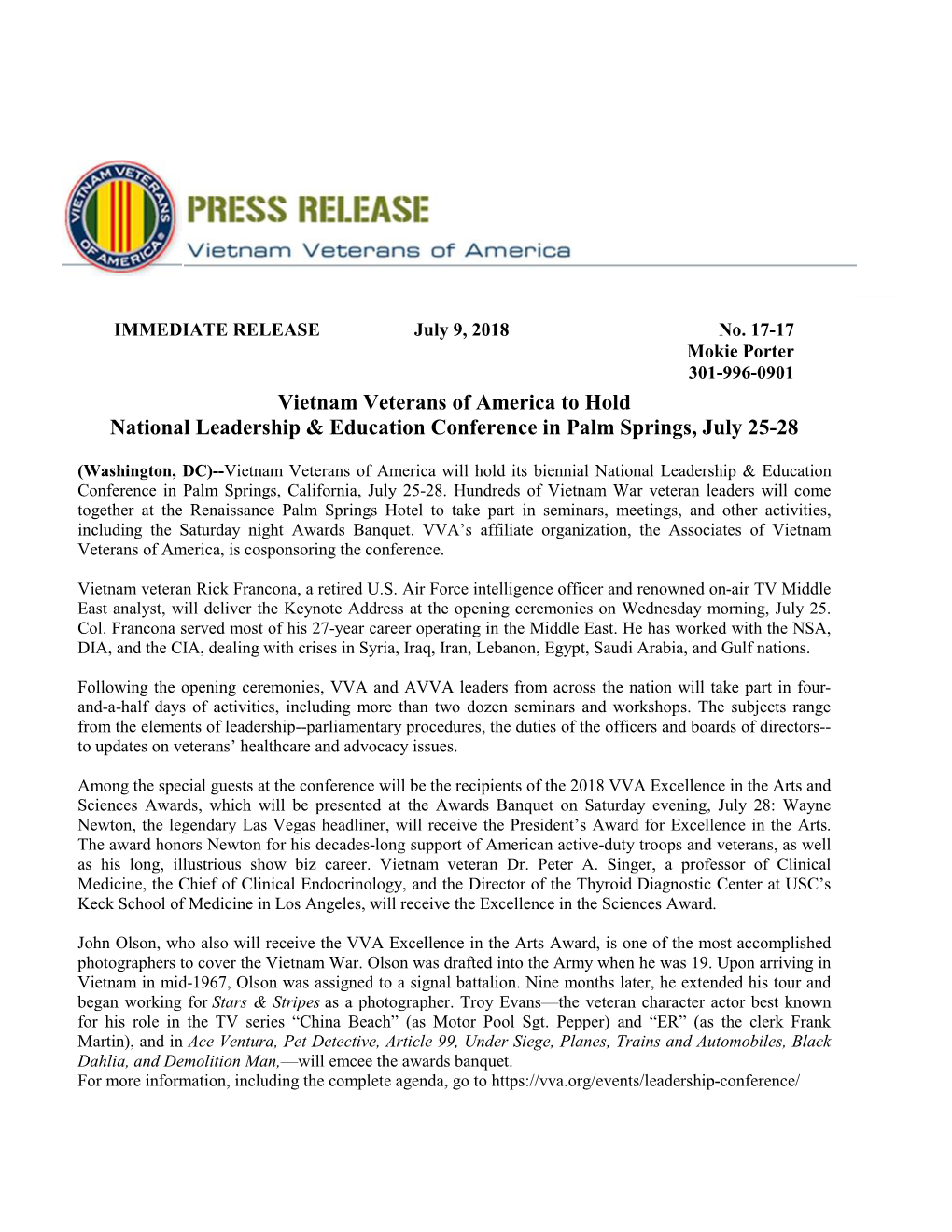 Vietnam Veterans of America to Hold National Leadership & Education Conference in Palm Springs, July 25-28