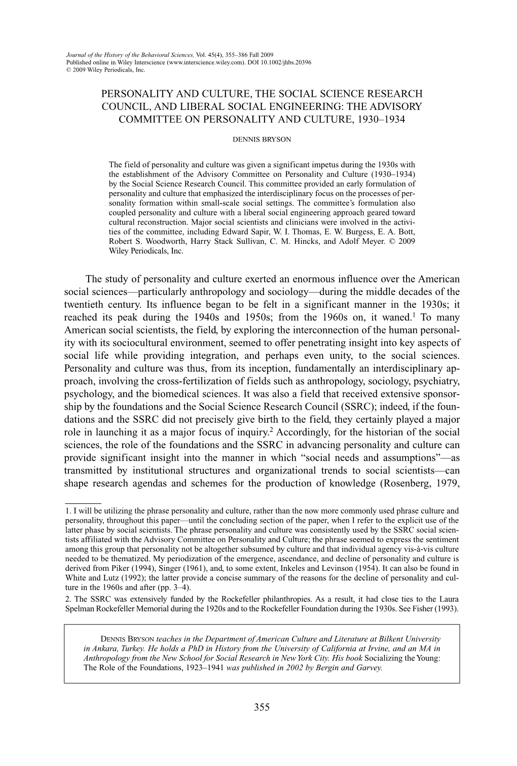 Personality and Culture, the Social Science Research Council, and Liberal Social Engineering: the Advisory Committee on Personality and Culture, 1930–1934