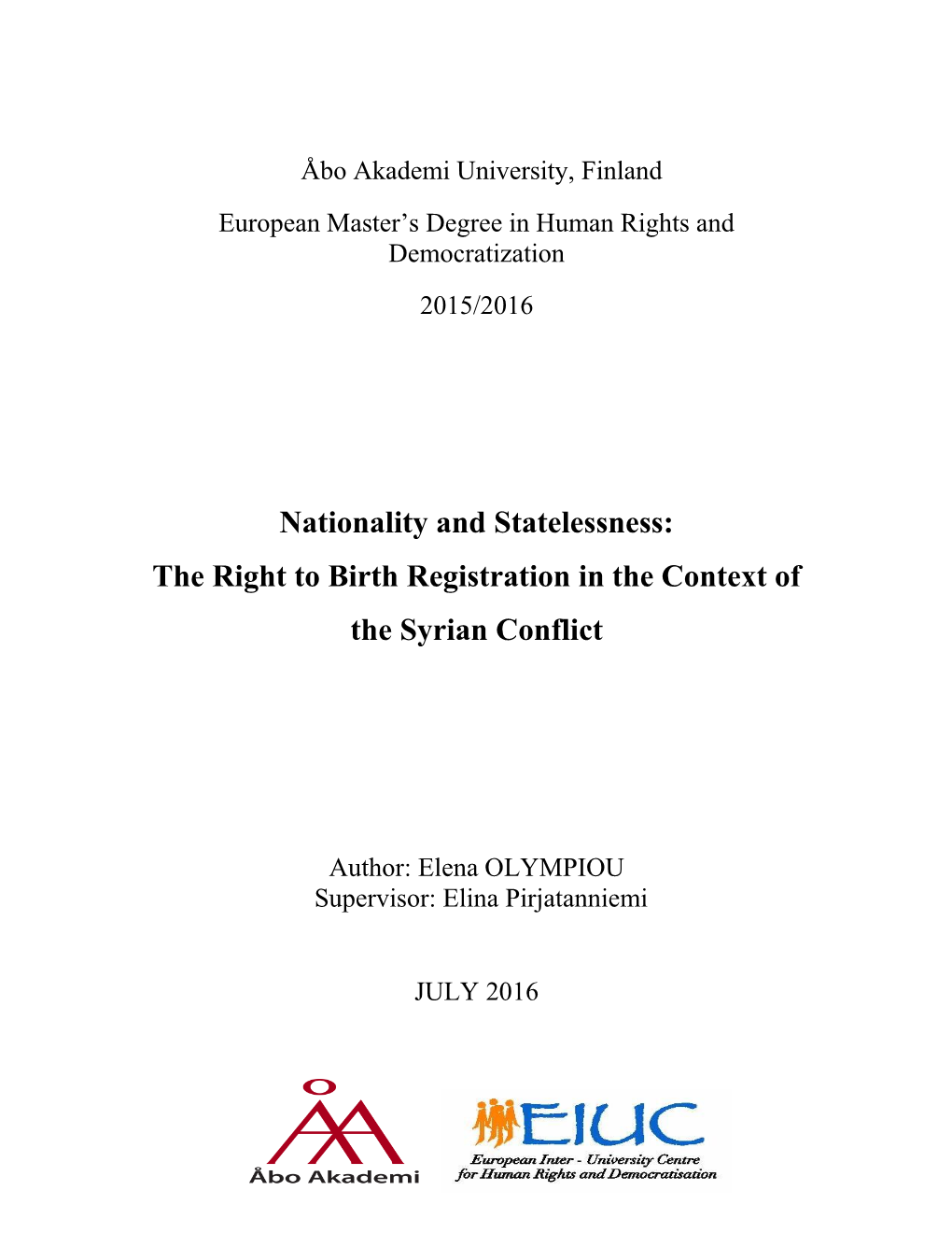 Nationality and Statelessness: the Right to Birth Registration in the Context of the Syrian Conflict