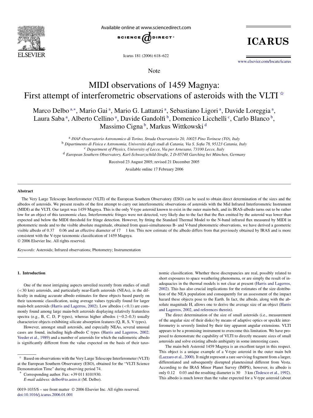 MIDI Observations of 1459 Magnya: First Attempt of Interferometric Observations of Asteroids with the VLTI ✩