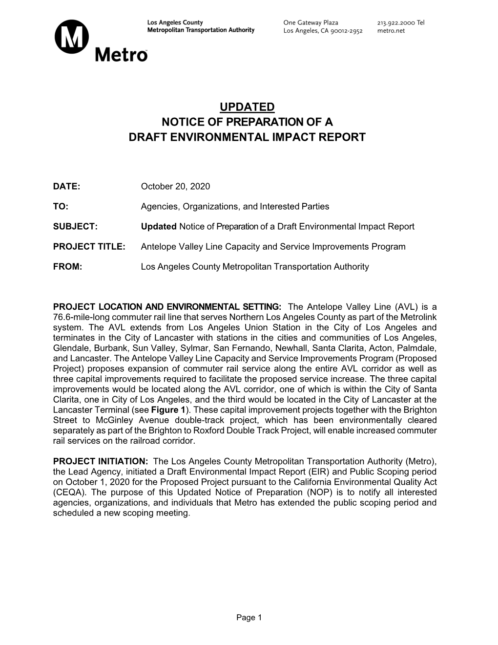 NOP) Is to Notify All Interested Agencies, Organizations, and Individuals That Metro Has Extended the Public Scoping Period and Scheduled a New Scoping Meeting