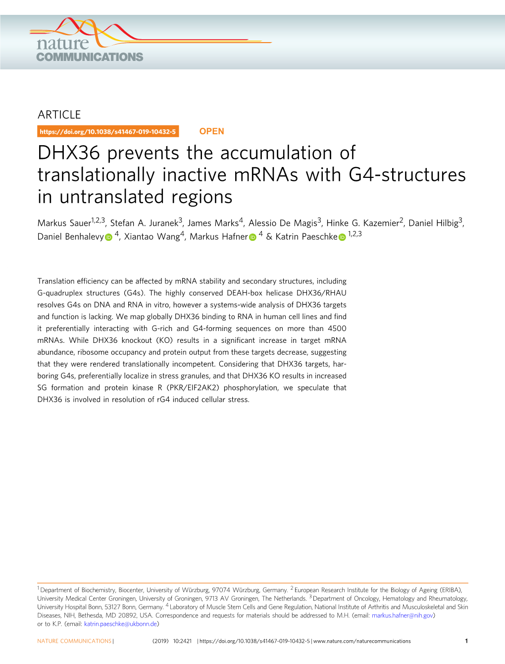 DHX36 Prevents the Accumulation of Translationally Inactive Mrnas with G4-Structures in Untranslated Regions