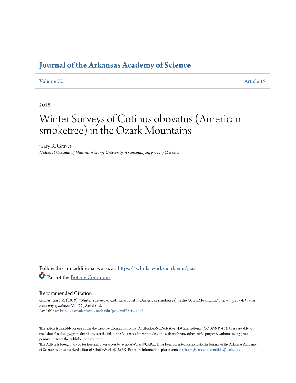 Winter Surveys of Cotinus Obovatus (American Smoketree) in the Ozark Mountains Gary R