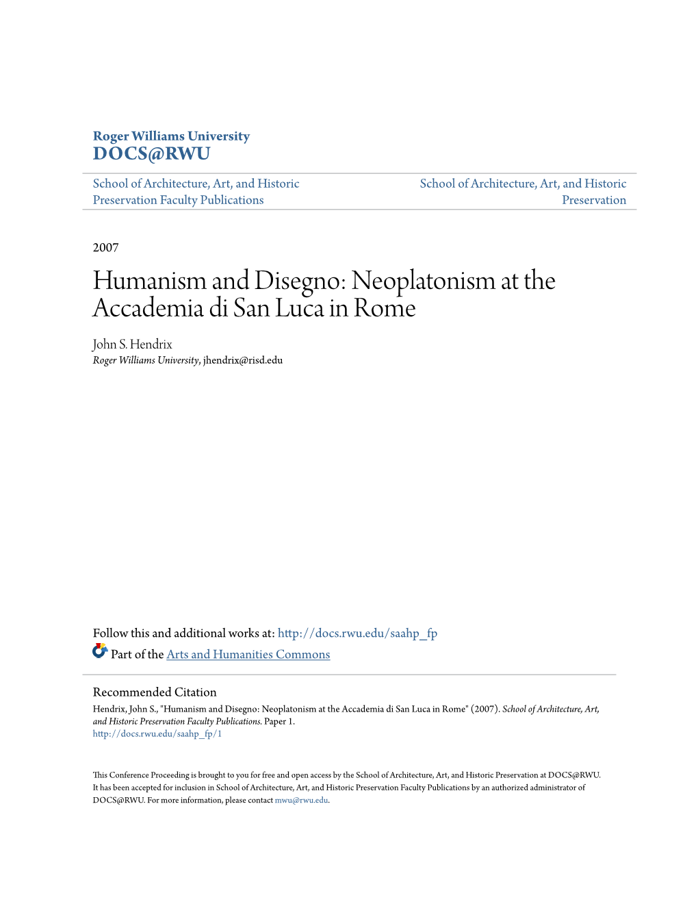 Humanism and Disegno: Neoplatonism at the Accademia Di San Luca in Rome John S