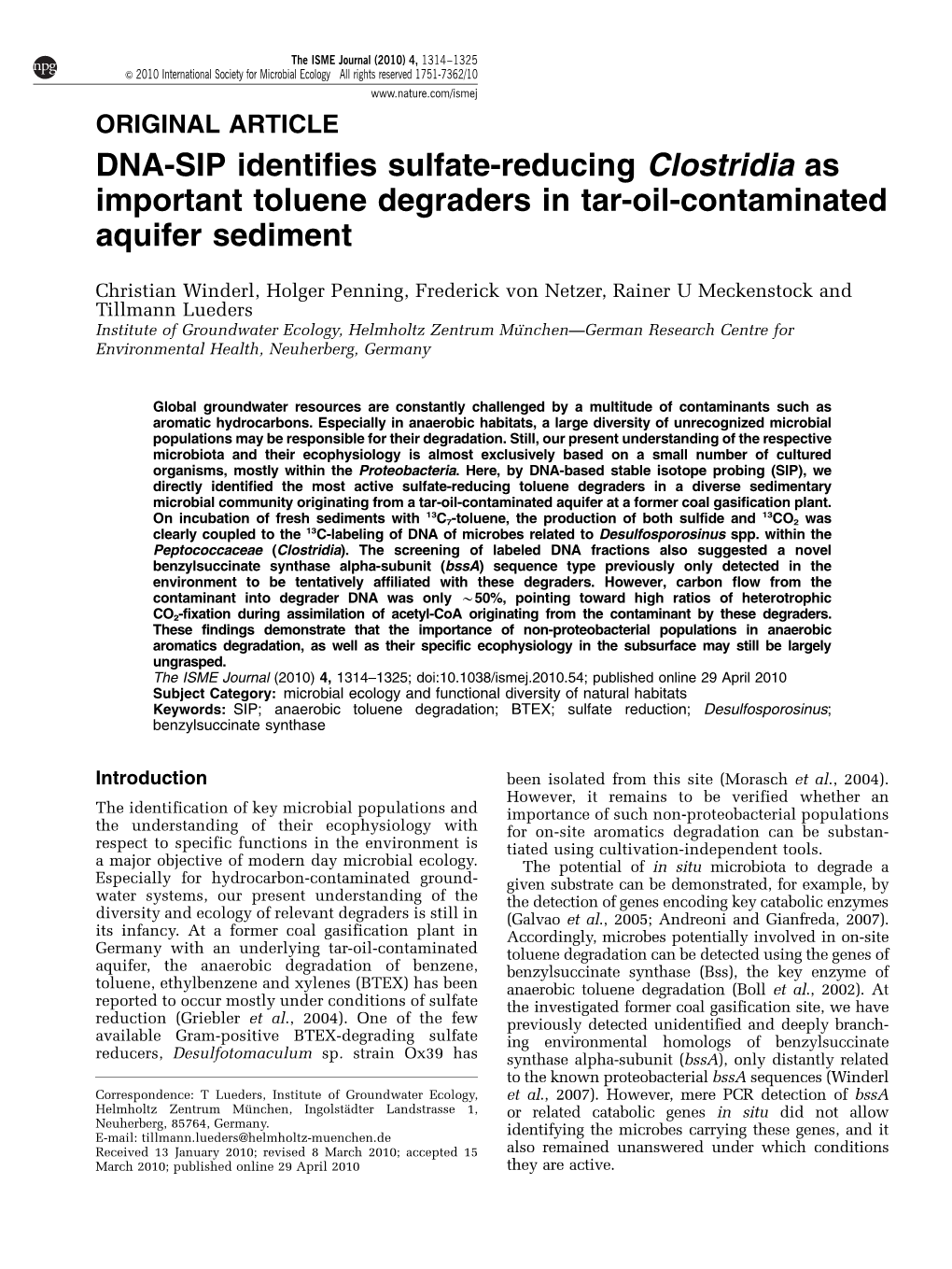 DNA-SIP Identifies Sulfate-Reducing Clostridia As Important Toluene Degraders in Tar-Oil-Contaminated Aquifer Sediment