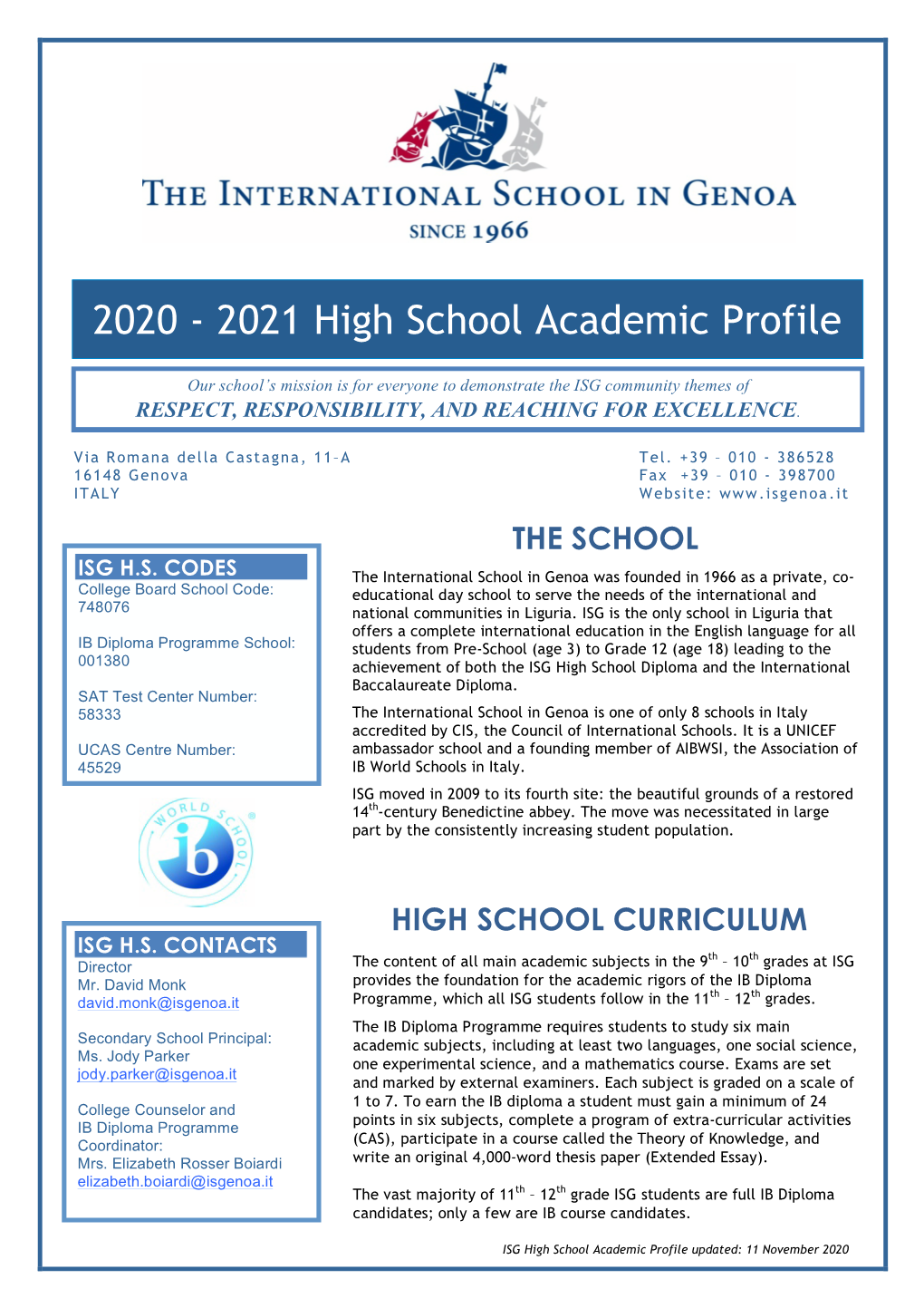 2020 - 2021 High School Academic Profile