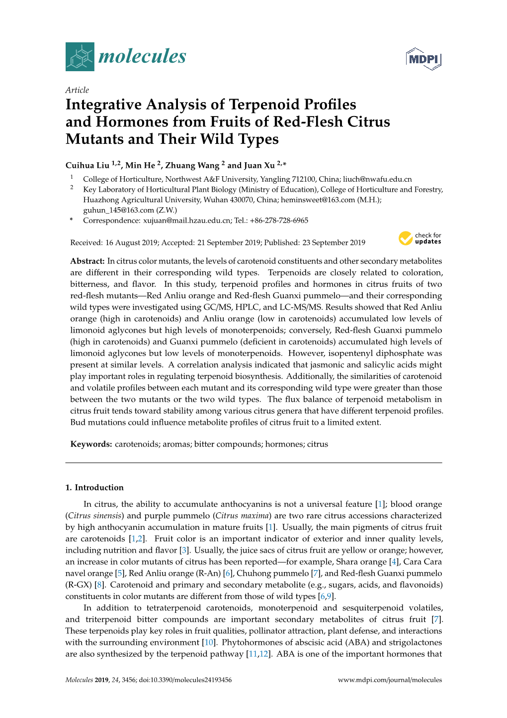 Integrative Analysis of Terpenoid Profiles and Hormones from Fruits