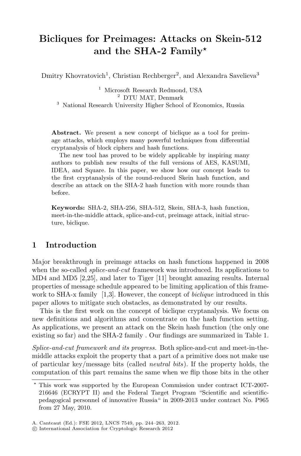 Bicliques for Preimages: Attacks on Skein-512 and the SHA-2 Family