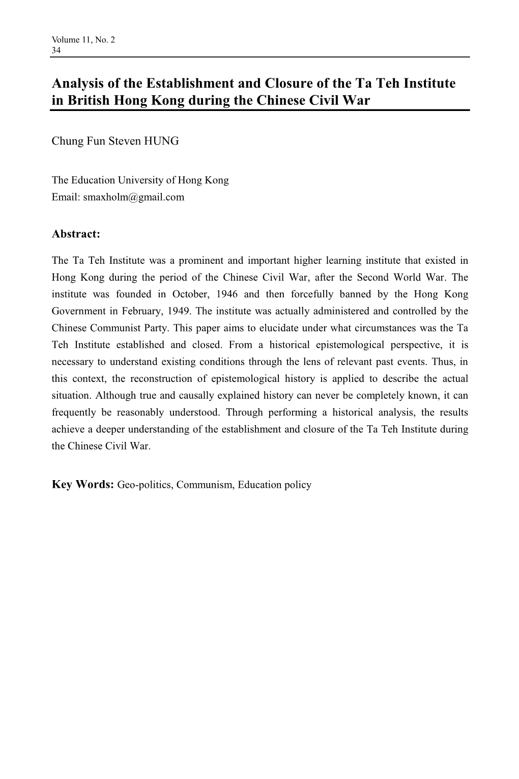 Analysis of the Establishment and Closure of the Ta Teh Institute in British Hong Kong During the Chinese Civil War