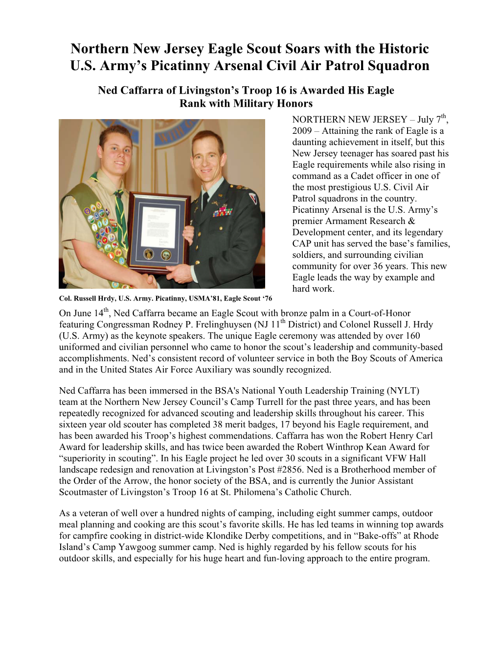 Northern New Jersey Eagle Scout Soars with the Historic U.S. Army's