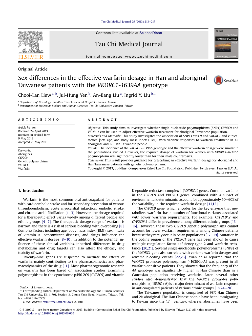 Sex Differences in the Effective Warfarin Dosage in Han and Aboriginal Taiwanese Patients with the VKORC1-1639AA Genotype