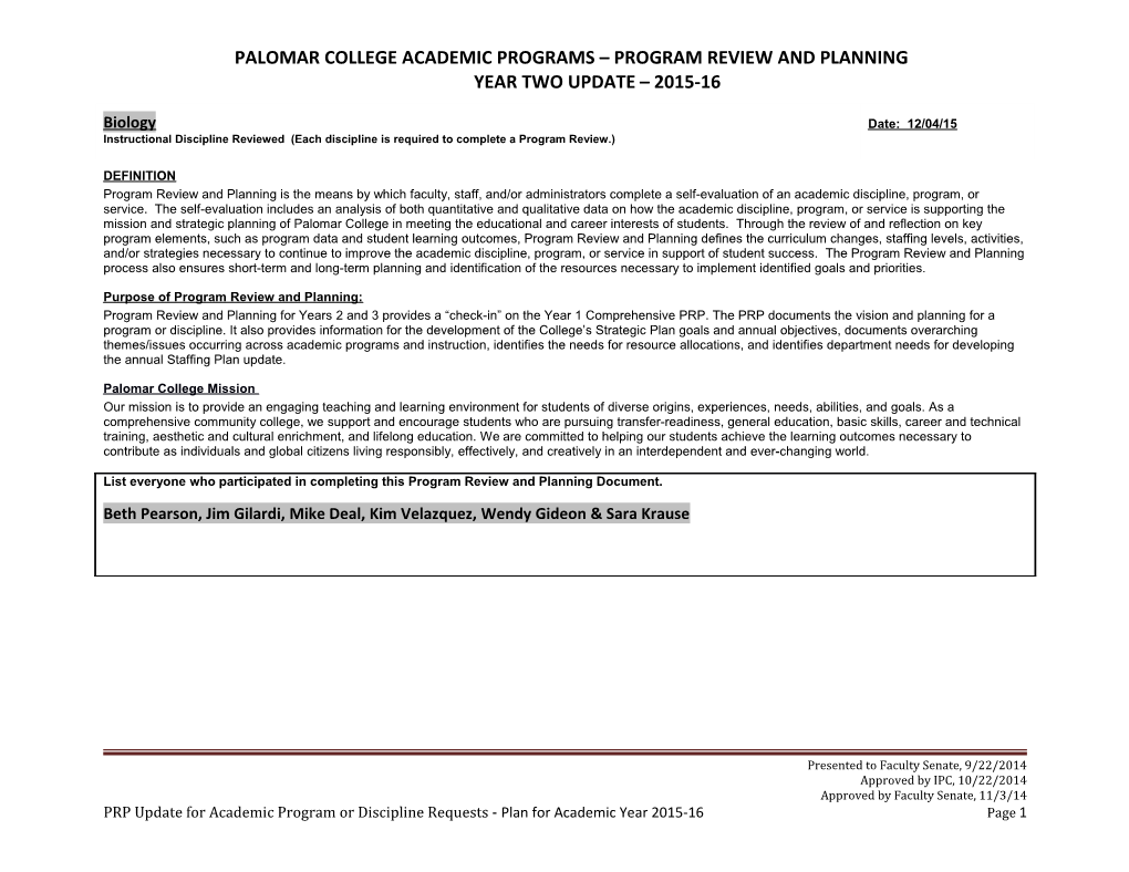 Palomar College Academic Programs Program Review and Planning Year Two Update 2015-16 s1
