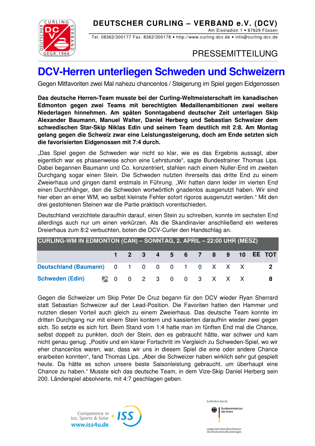 DCV-Herren Unterliegen Schweden Und Schweizern Gegen Mitfavoriten Zwei Mal Nahezu Chancenlos / Steigerung Im Spiel Gegen Eidgenossen