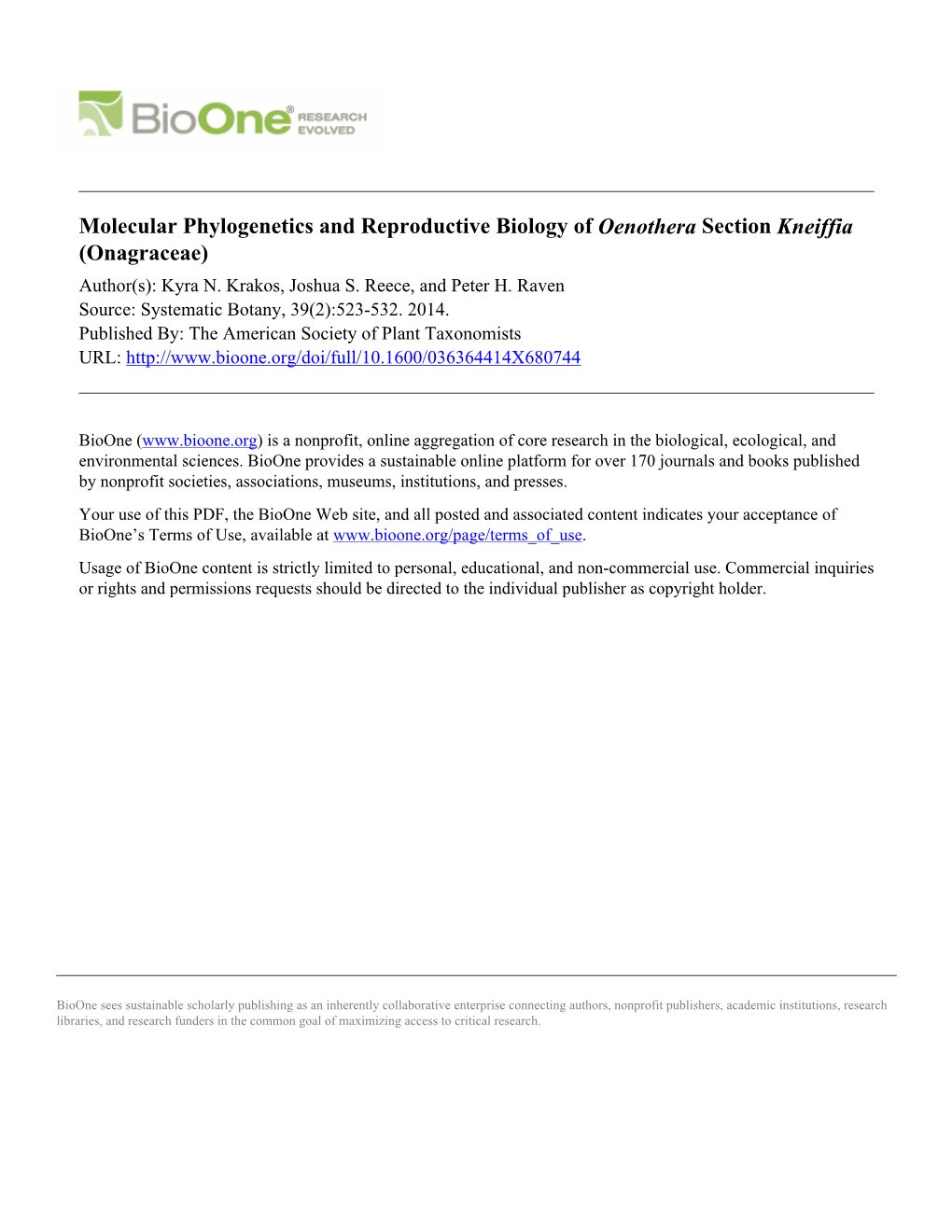 Molecular Phylogenetics and Reproductive Biology of Oenothera Section Kneiffia (Onagraceae) Author(S): Kyra N