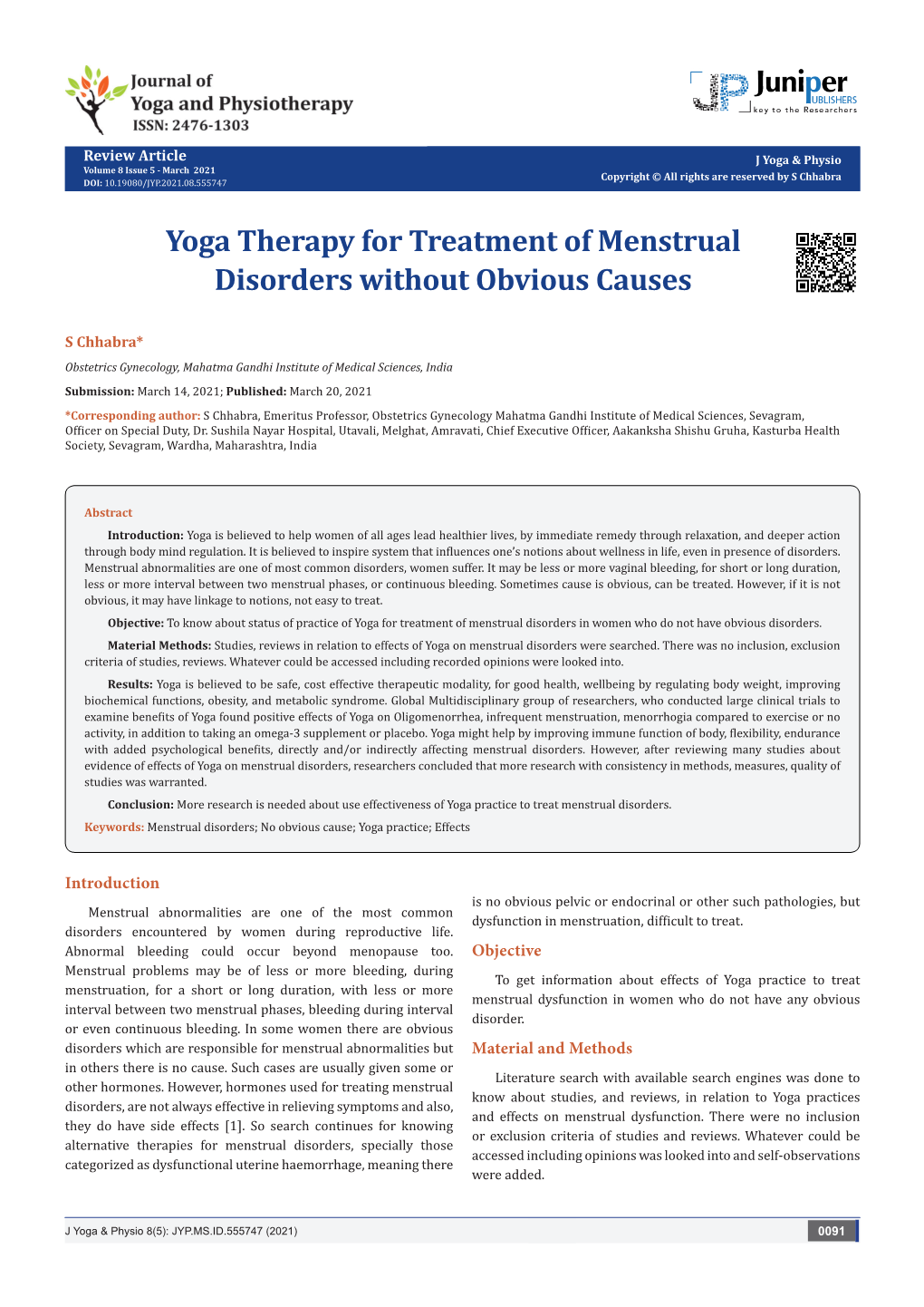 Yoga Therapy for Treatment of Menstrual Disorders Without Obvious Causes